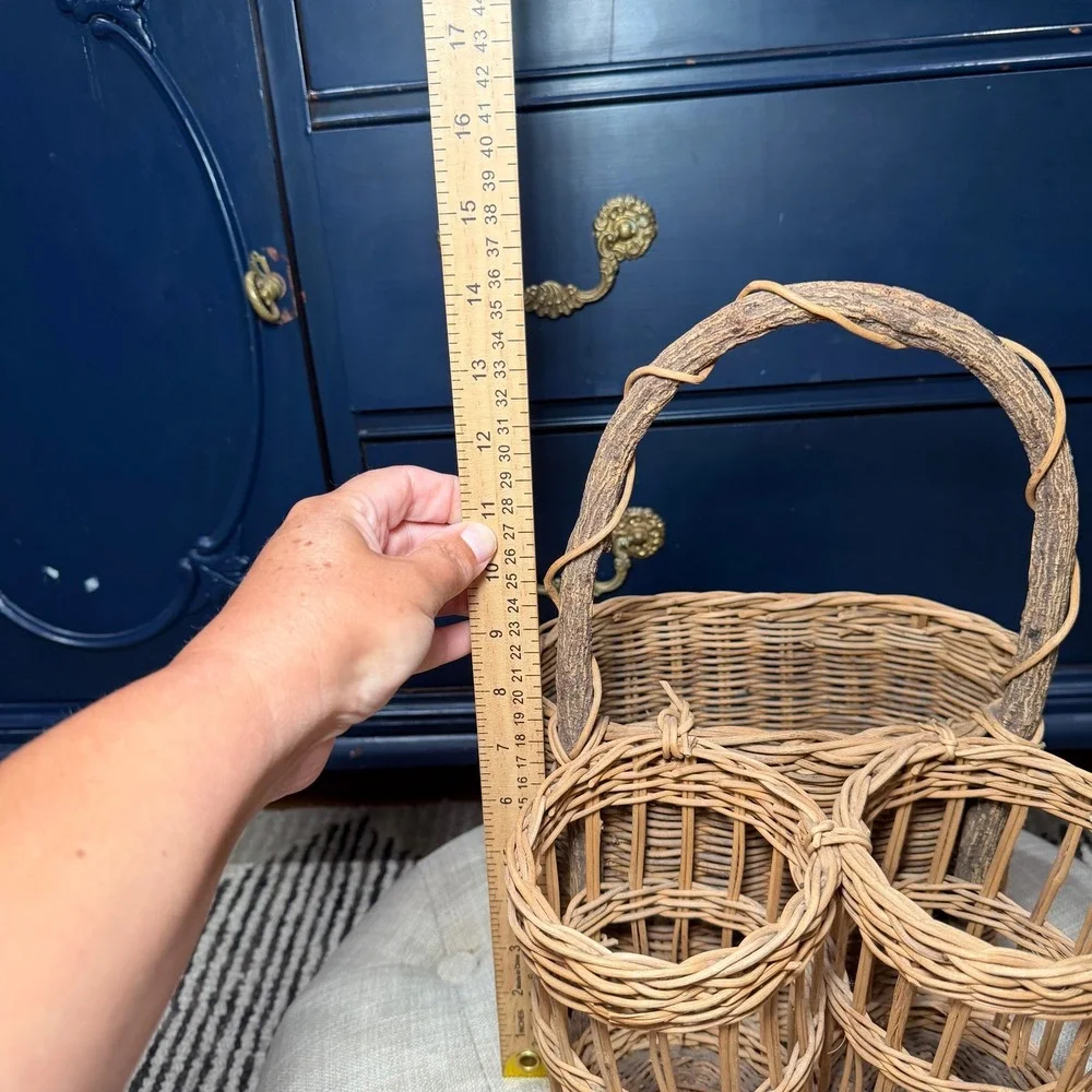 Vintage Wicker Rattan Wine Bottle Caddy 3 Compartment Branch Handle Boho Basket‎